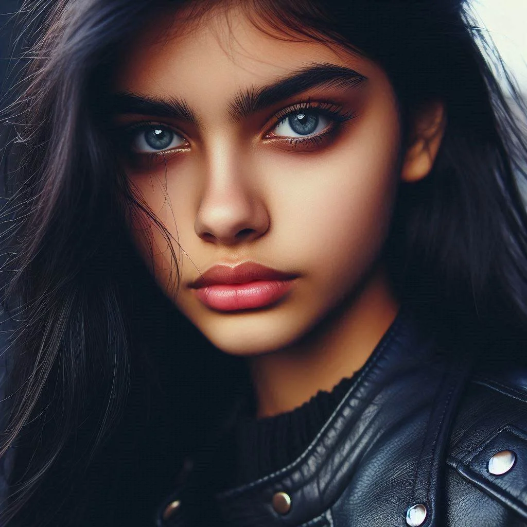 Close-up of a young woman with striking blue eyes, dark hair, and wearing a black leather jacket.