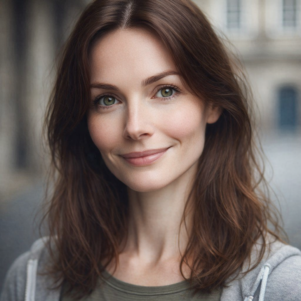 Close-up of a woman with wavy brown hair and hazel eyes, smiling softly, wearing a light gray hoodie, standing outdoors in an urban environment.