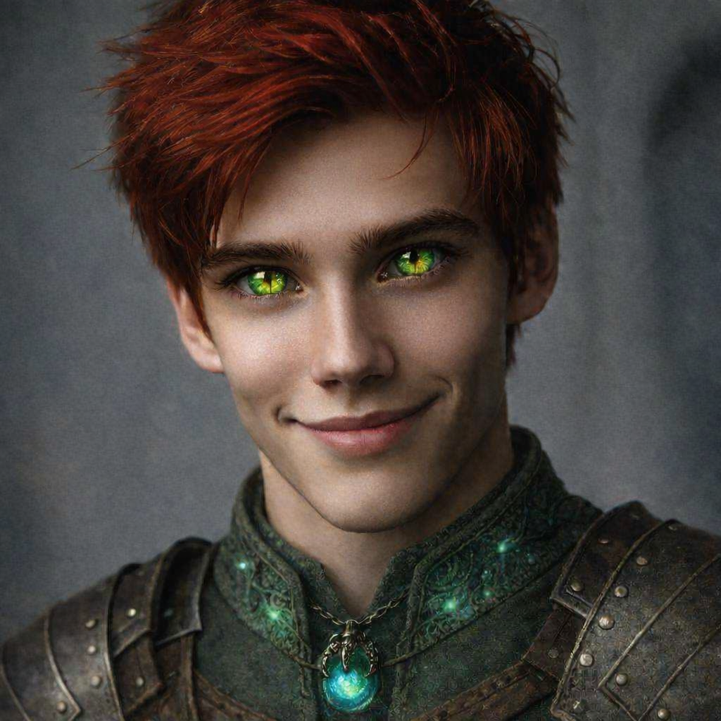 A person with red hair and glowing green eyes, wearing armor with intricate green and gold detailing and a glowing pendant around their neck, smiles confidently against a dark background.