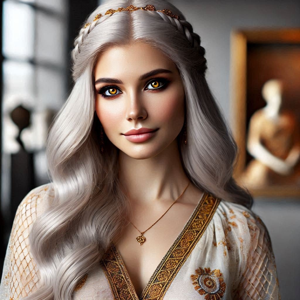 A young woman with long, wavy silver hair and amber-colored eyes, wearing a gold headband, a necklace, and an ornate embroidered dress, standing indoors with blurred art pieces in the background.