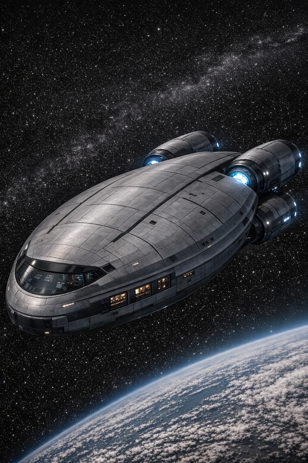 A spaceship floating in space above Earth with stars and the Milky Way galaxy in the background.