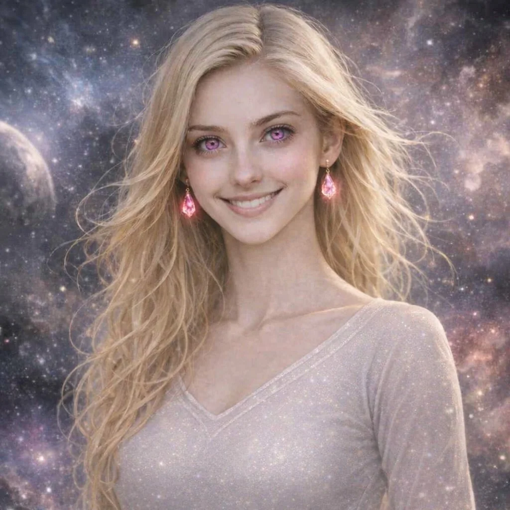 A young woman with blonde hair and purple eyes, wearing pink earrings and a sparkly beige top, stands in front of a cosmic background with stars and planets.