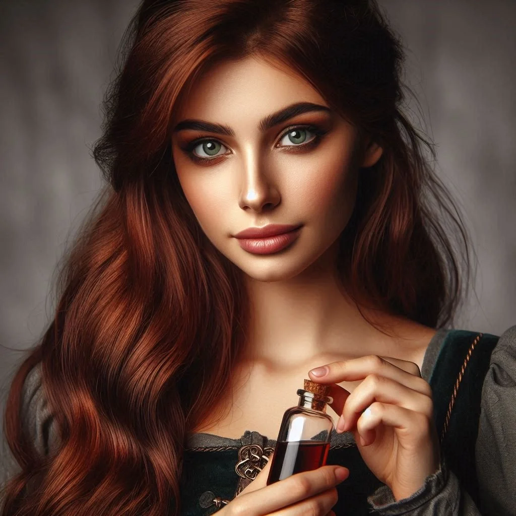 A young woman with long, wavy red hair and green eyes holding a small glass bottle with a cork, containing a dark liquid, looking directly at the camera.