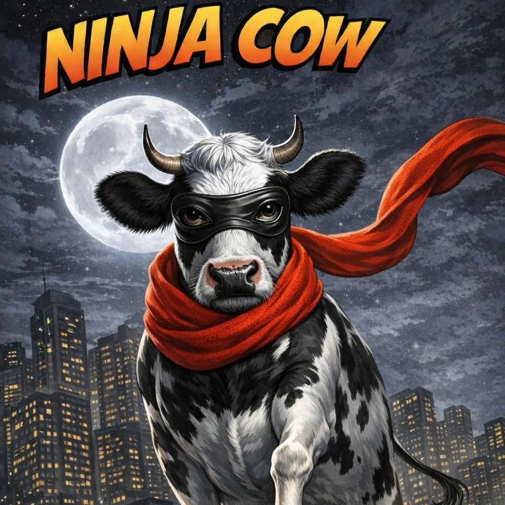 A cow dressed as a ninja in front of a city skyline at night, wearing a superhero mask and a red cape, with a full moon in the background.