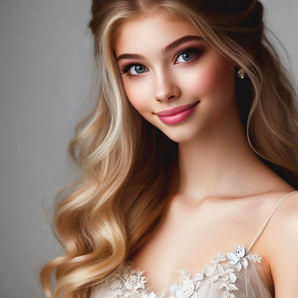A young woman with long, wavy blonde hair, blue eyes, and a gentle smile, wearing makeup and a white dress with intricate floral embroidery and thin shoulder straps.