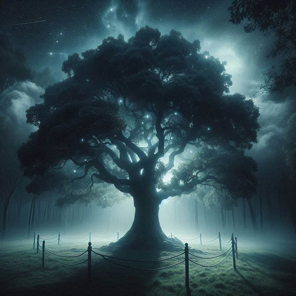 A large, illuminated tree at night with glowing lights around it, in a foggy forest setting.