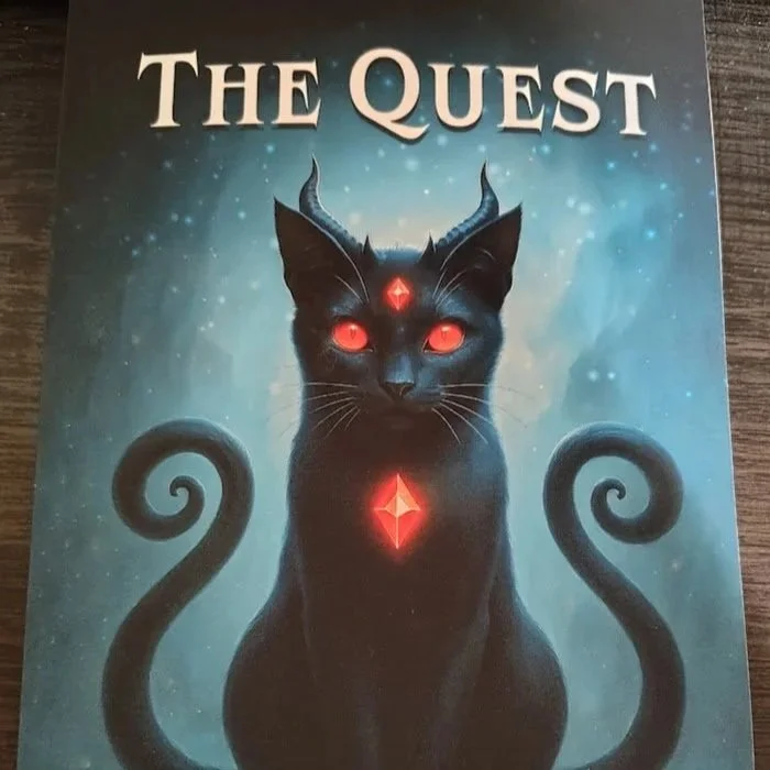 Book titled "The Quest" featuring a black cat with glowing red eyes, horns, and glowing red gemstones on its forehead and chest, set against a mystical blue and starry background.