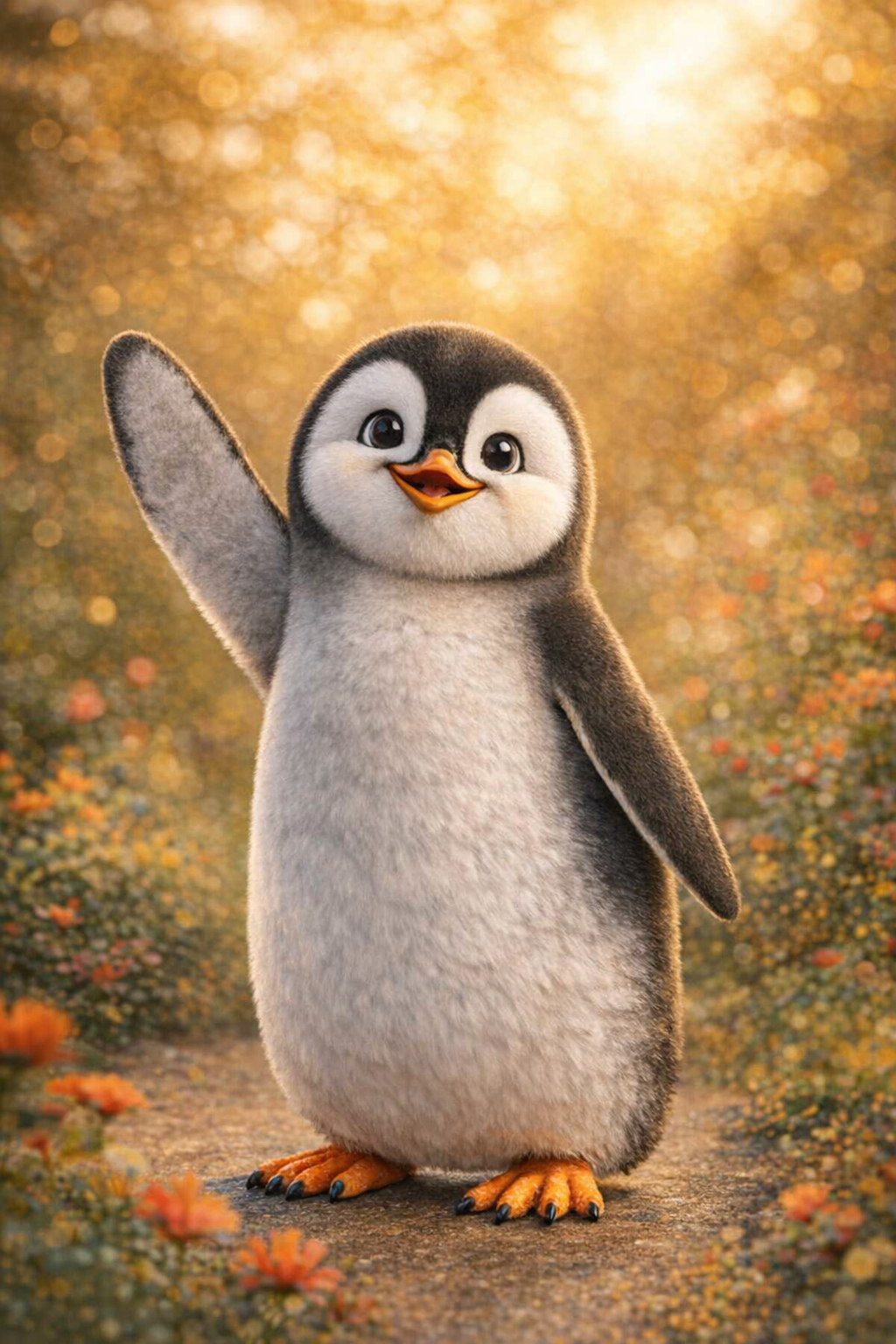 A cute animated penguin standing outdoors on a dirt path, with one flipper raised as if waving, surrounded by colorful flowers and a bokeh background.
