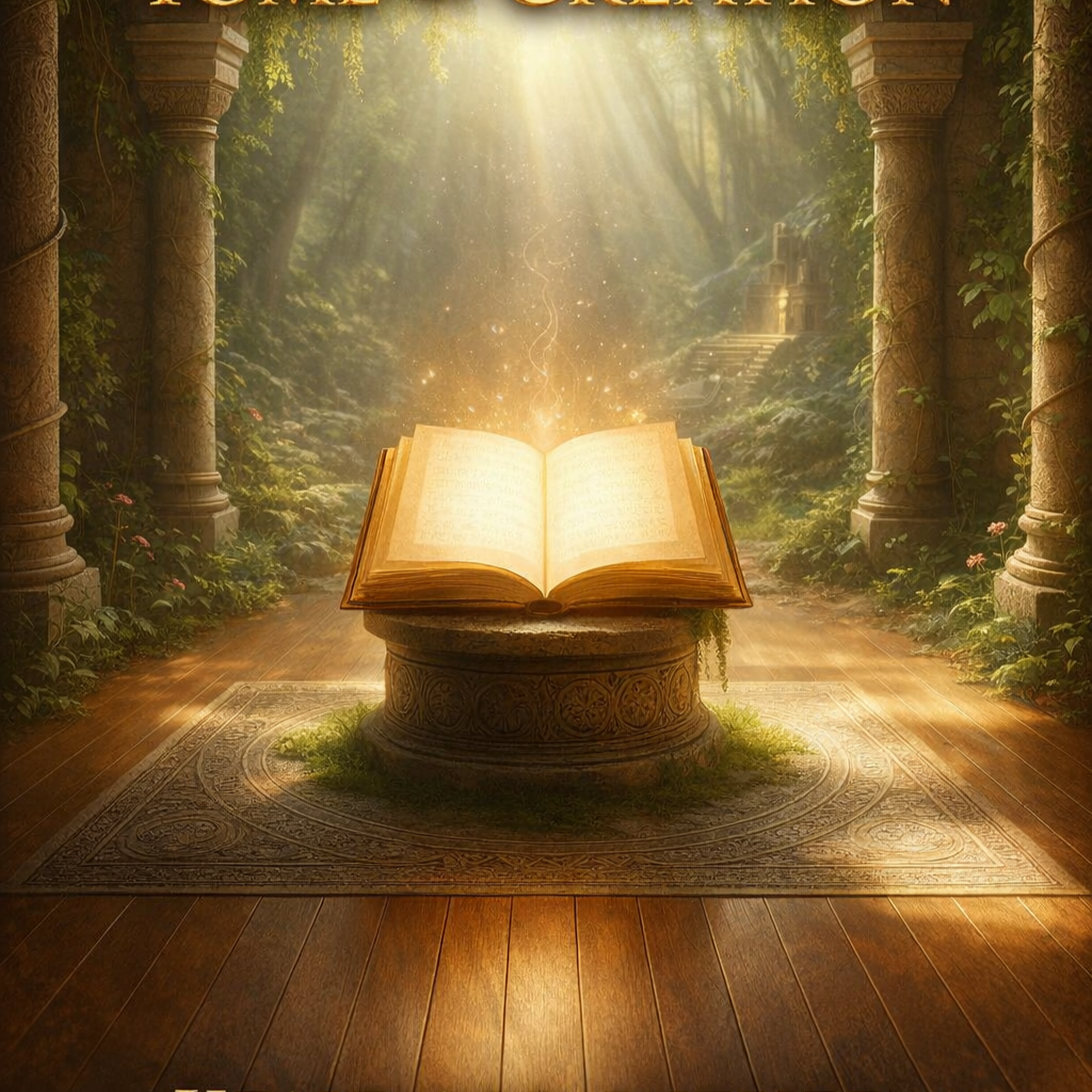 An open large ancient book floating above a carved stone pedestal with glowing light and sparkles, set in a lush, sunlit forest with tall trees, stepping stones, and pillars.
