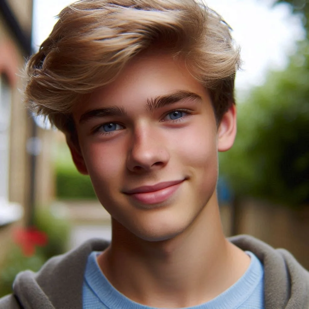 A young man with blond hair and blue eyes smiling outdoors.