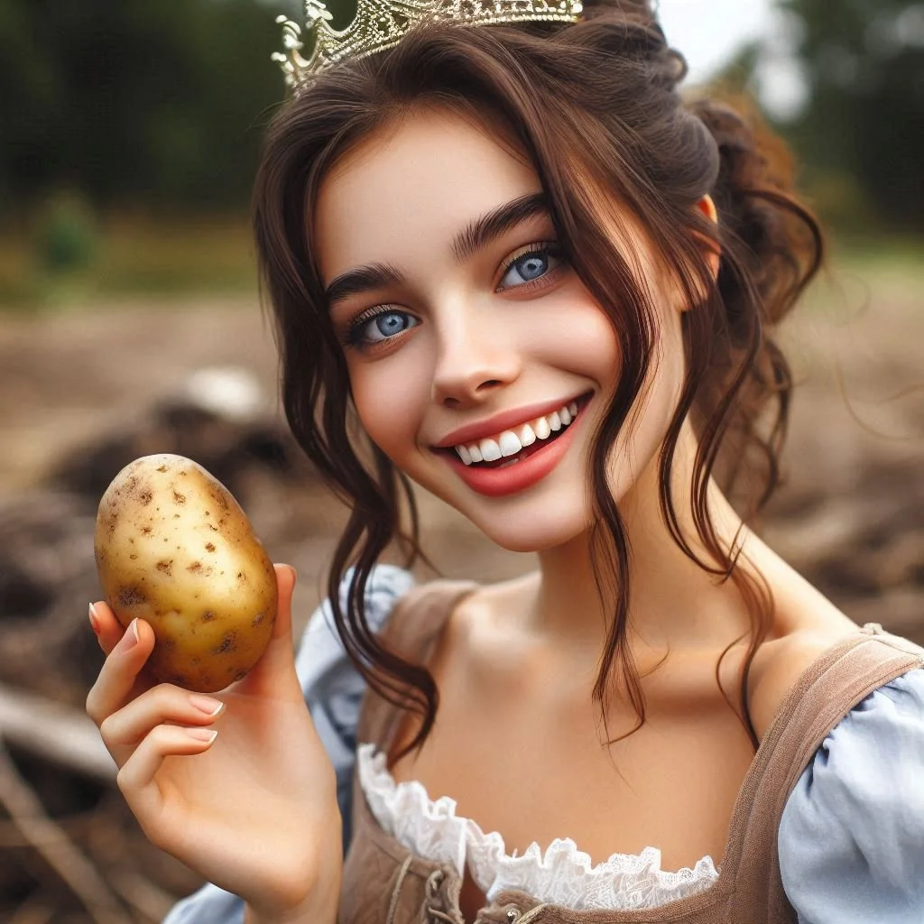 A young woman with wavy brown hair, blue eyes, and a crown is smiling and holding a potato outdoors.