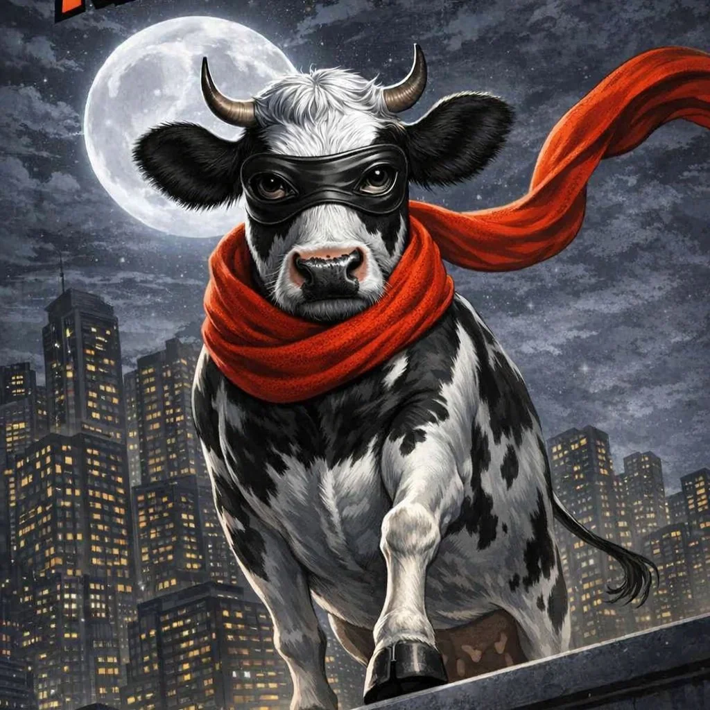 A cow dressed as a superhero, wearing a black mask and horns, with a red cape and scarf, standing on a rooftop at night under a full moon and city skyline.