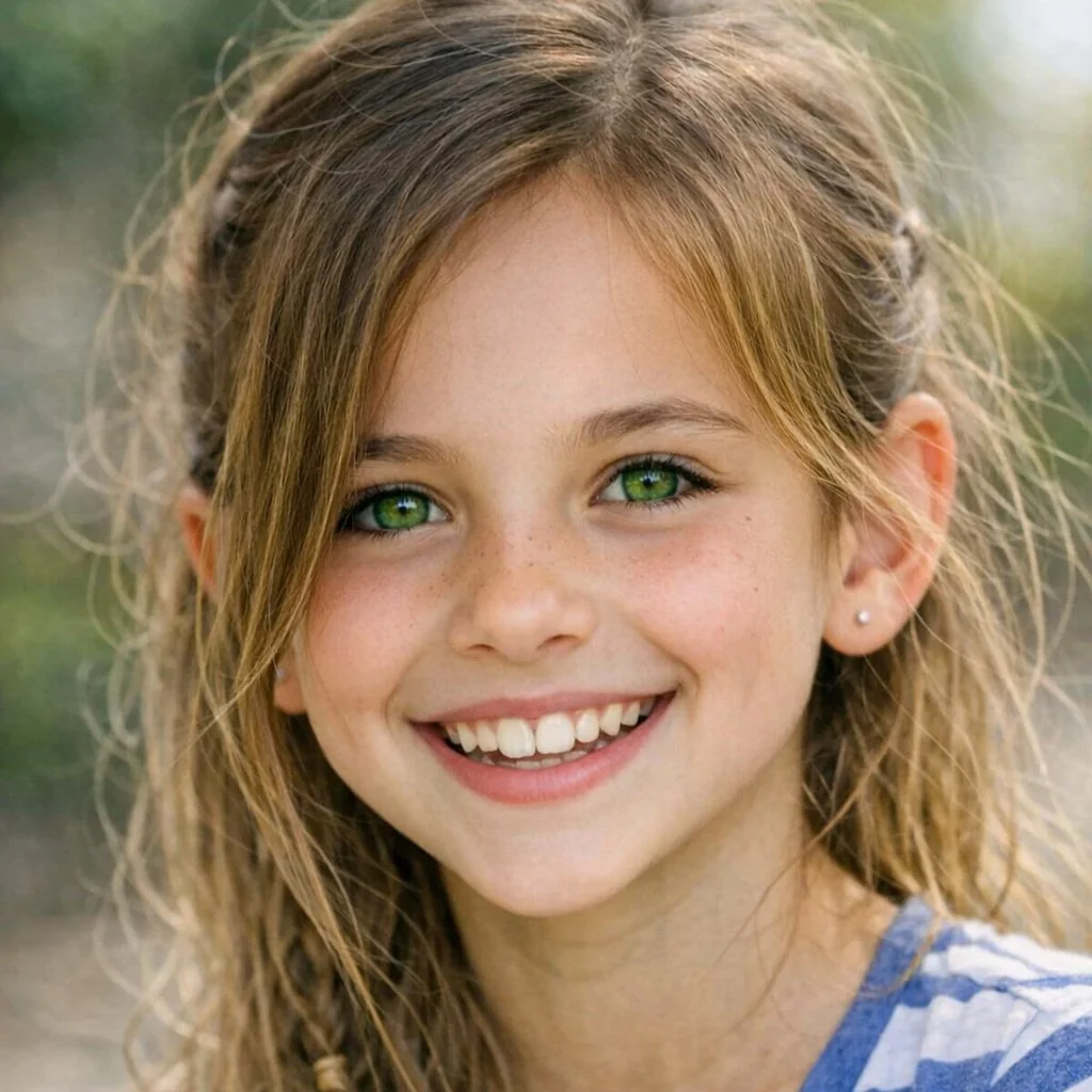 A smiling young girl with green eyes and light brown hair, wearing a striped shirt and small earrings, outdoors.
