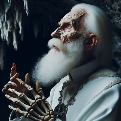 Elderly man with white hair and beard, wearing a white robe, gazing upward inside a cave.