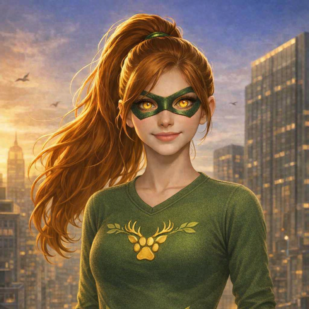 Animated woman with red hair, green mask with yellow eyes, wearing a green shirt with a deer symbol, city skyline in the background at sunset.