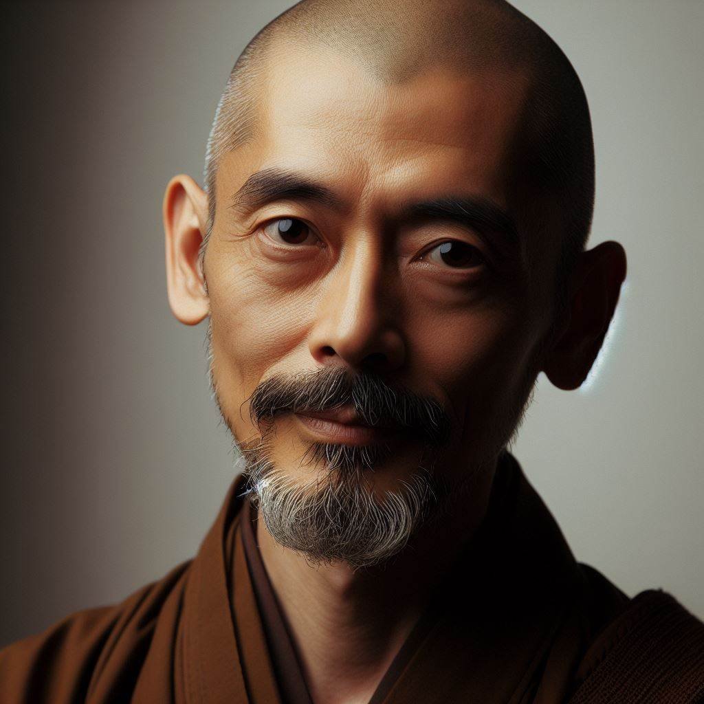 Close-up portrait of an Asian man with a shaved head, mustache, and beard, wearing traditional robes.