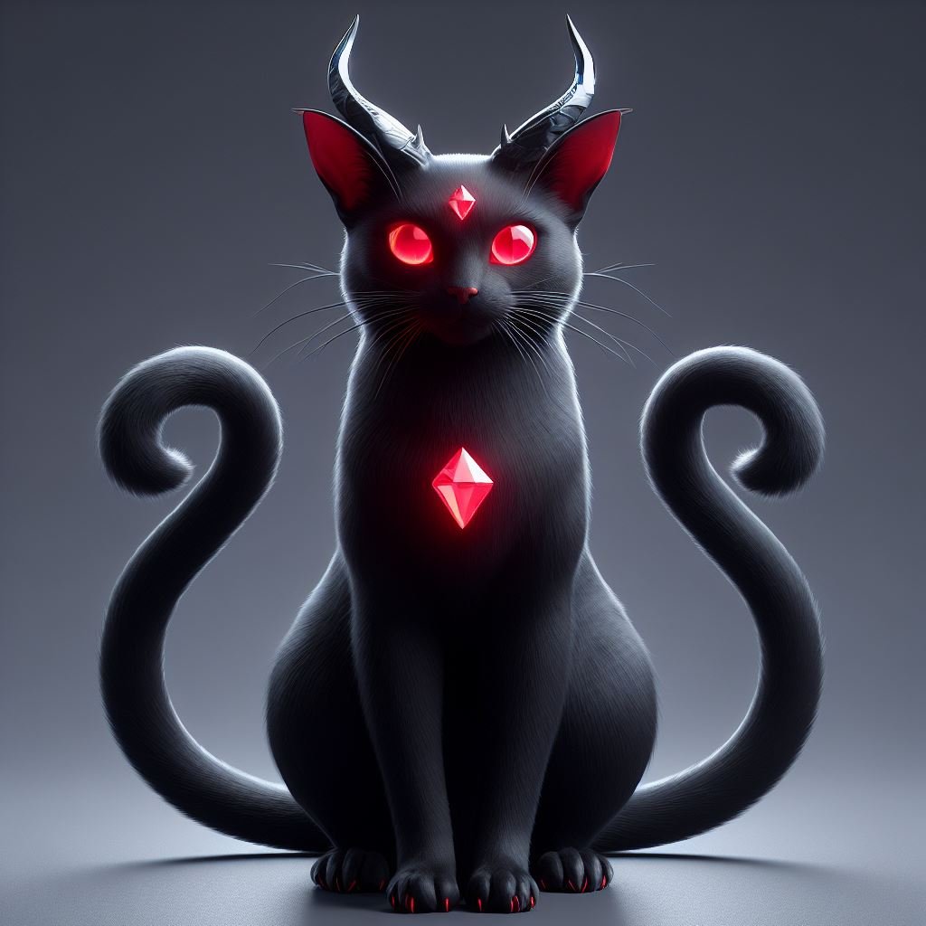 A black cat with glowing red eyes and illuminated red gemstones on its forehead, chest, and behind, with large, curved horns and multiple tails, sitting against a dark gray background.
