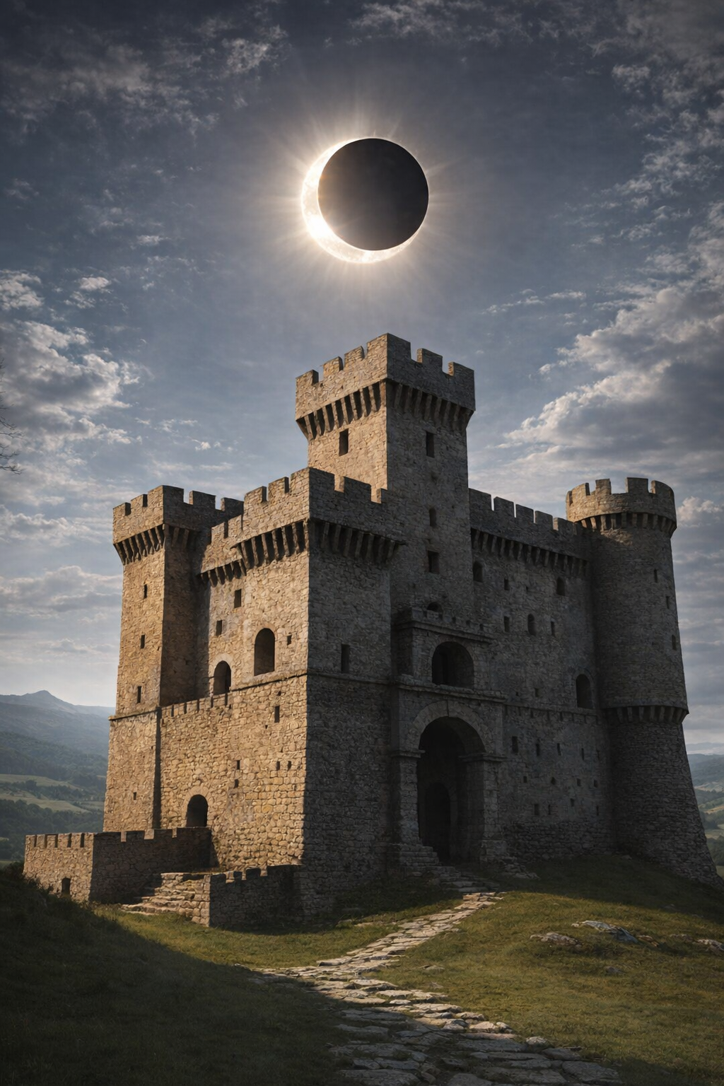 A medieval stone castle with battlements and towers, situated on a grassy hill, during a solar eclipse with the moon covering the sun, creating a halo effect in the sky with scattered clouds and distant mountains in the background.