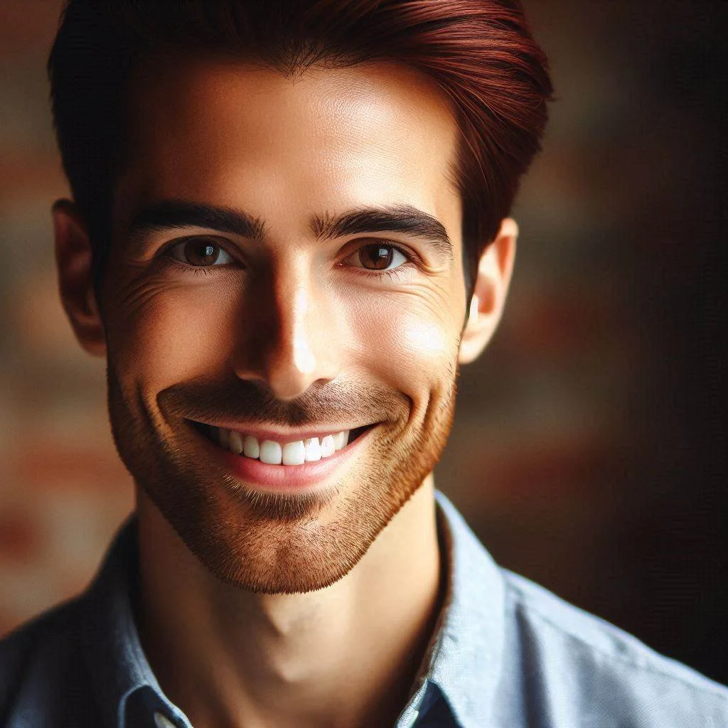 Close-up portrait of a smiling young man with brown hair and brown eyes, wearing a light blue collared shirt, against a blurred background.