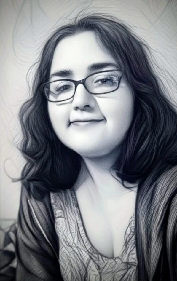 A woman with wavy dark hair and glasses smiling in a black and white photo.