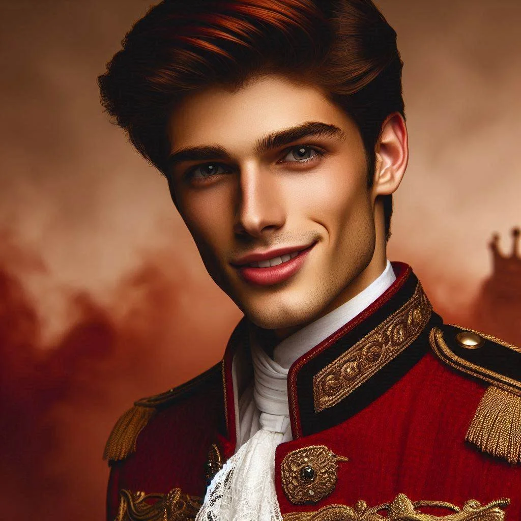 Portrait of a young man with dark hair, dressed in a historical military uniform with gold embroidery and red coat, smiling slightly against a cloudy orange sky background.