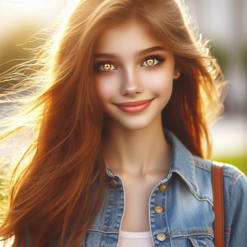 A young woman with long red hair and bright green eyes, smiling outdoors during golden hour, wearing a denim jacket.
