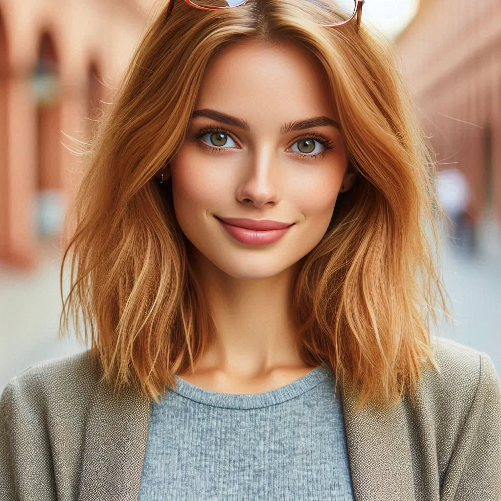 Close-up of a young woman with wavy red hair, light makeup, and green eyes smiling outdoors in soft focus background.