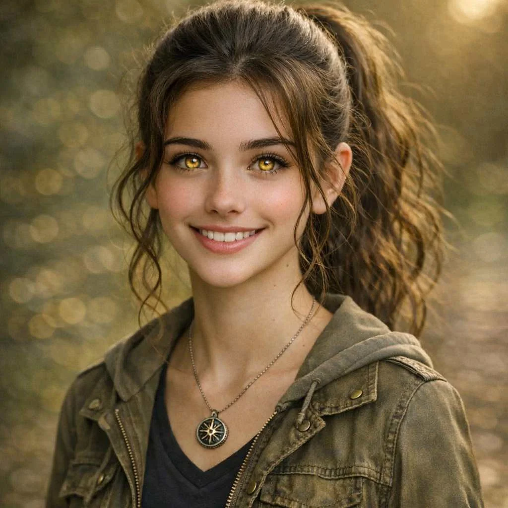 A young woman with curly brown hair in a high ponytail, wearing a green jacket over a hoodie, smiling outdoors with trees and bokeh lights in the background.