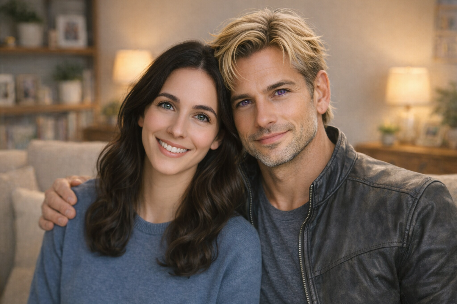A smiling couple sitting together in a cozy living room, with the man's arm around the woman's shoulder.