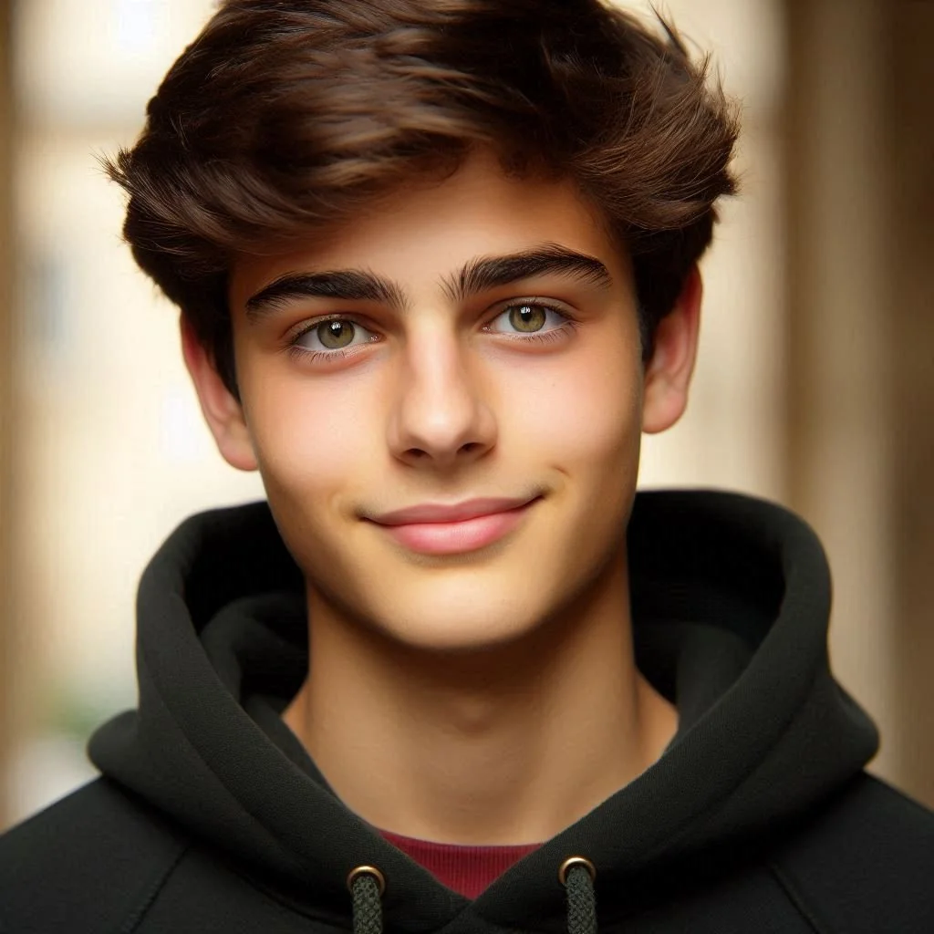 A young man with brown hair, hazel eyes, and a slight smile, wearing a black hoodie.