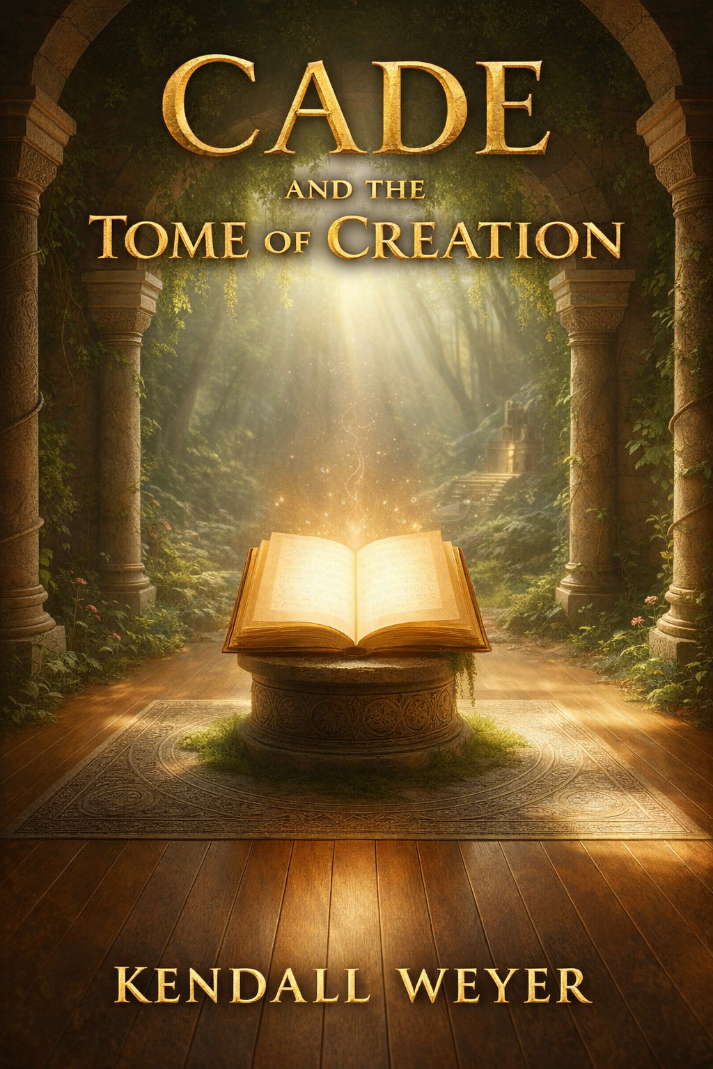 Book of Genesis open on pedestal in a magical forest with sunlight shining through trees