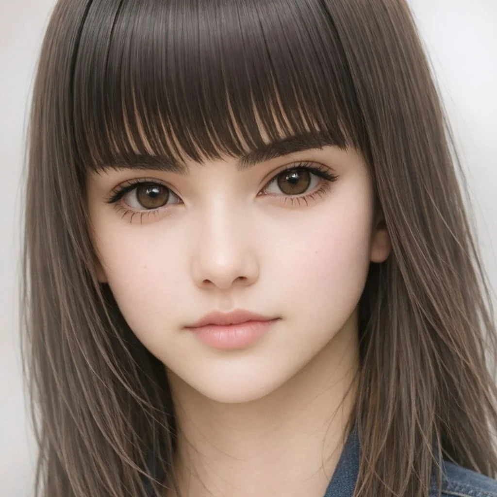 Close-up of a young woman with brown hair and brown eyes, looking at the camera.