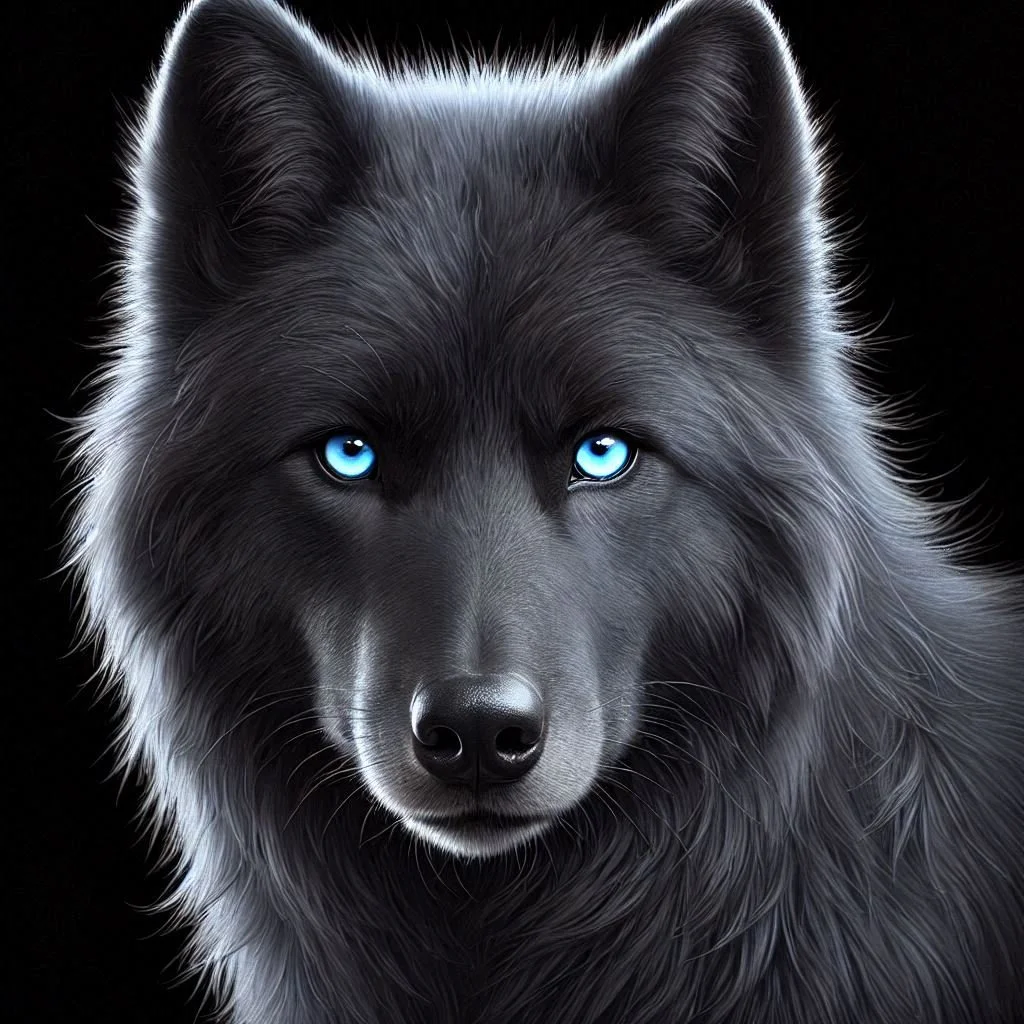 Close-up of a black wolf with striking blue eyes, detailed fur, and a black background.