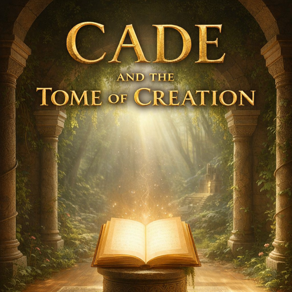 An open book with glowing pages on an ornate pedestal in a forest with tall trees and stone columns, illuminated by sunlight.