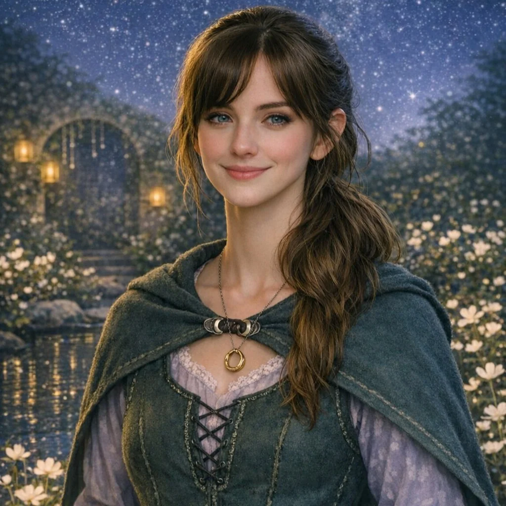 A woman with brown hair and blue eyes smiling in a fantasy setting, wearing a dark cloak and a medieval-style dress, with a starry night sky and glowing lanterns in the background.