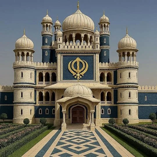 A large, ornate palace with multiple domes and towers, featuring a central golden emblem on the front facade, surrounded by a landscaped garden with a patterned walkway.