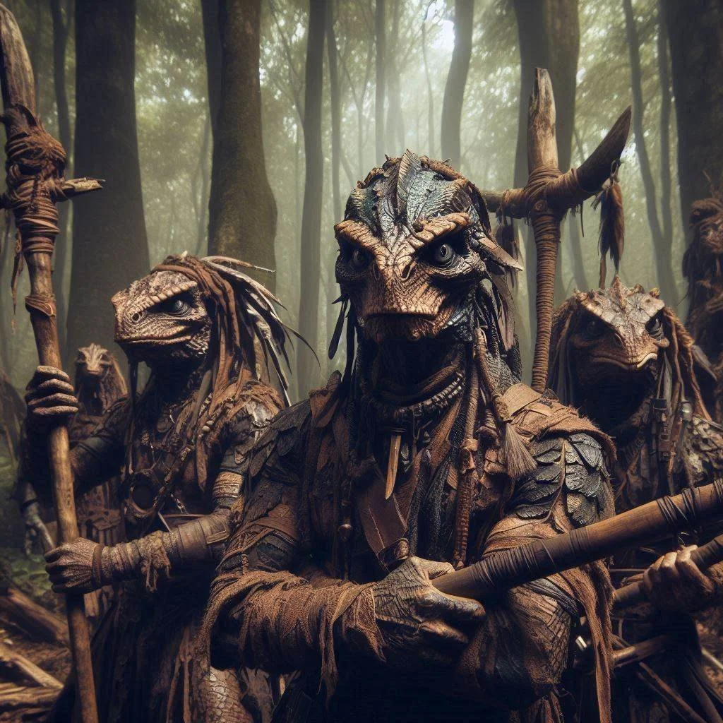 A group of humanoid creatures with reptilian features and armor, carrying spears, in a foggy forest.