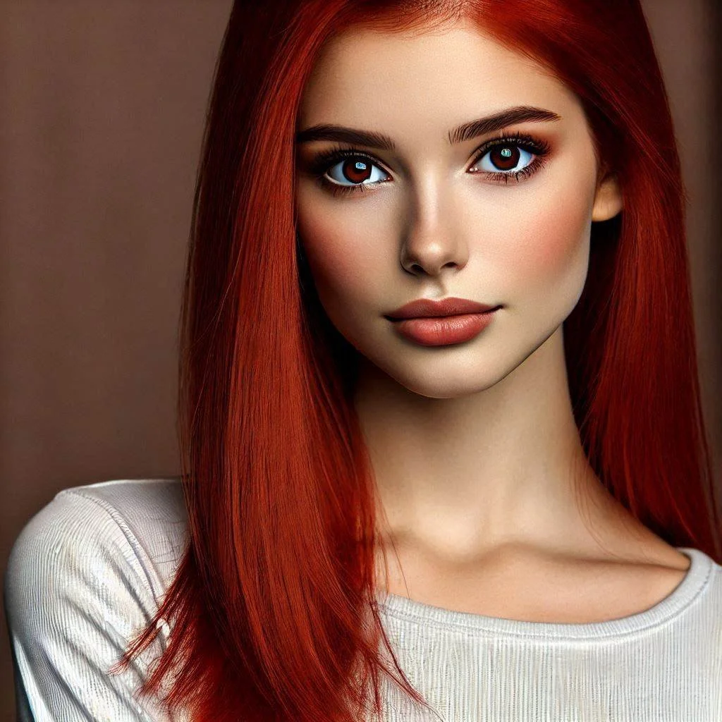 Close-up of a young woman with long, straight red hair, brown eyes, and natural makeup wearing a white top.