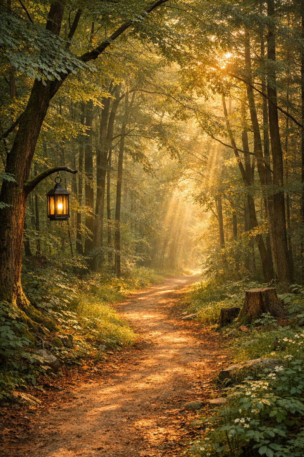 A sunlit forest trail with tall trees, dense green foliage, and sunlight streaming through the leaves. A lantern hangs from a tree on the left side of the trail, and a tree stump is on the right. The scene has an autumnal feel with warm tones and dappled sunlight.
