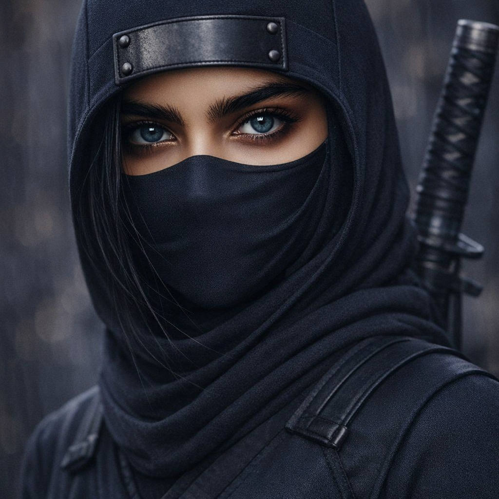 Close-up of a woman wearing a black headscarf, face mask, and dark clothing, with piercing blue eyes and a sword strapped to her back.