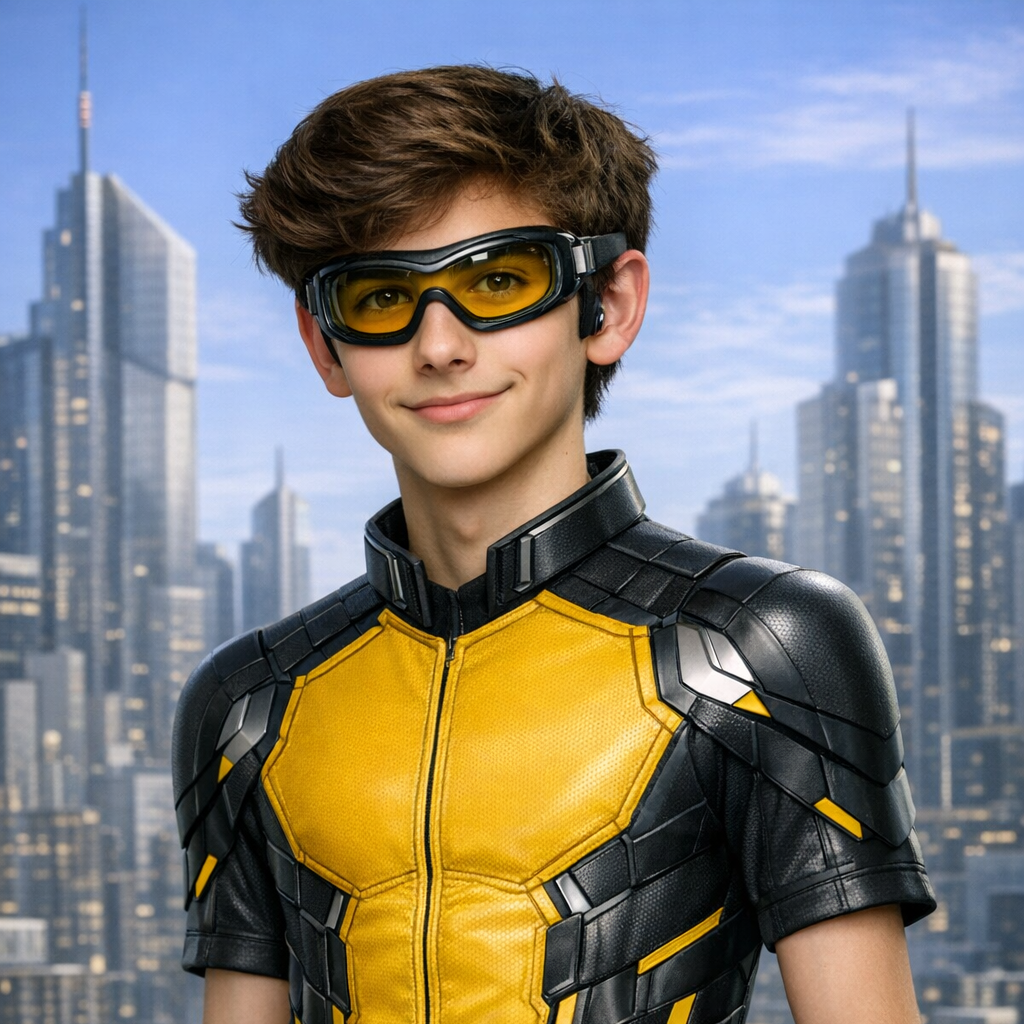 A young male dressed as a superhero in a yellow and black costume with a city skyline in the background.