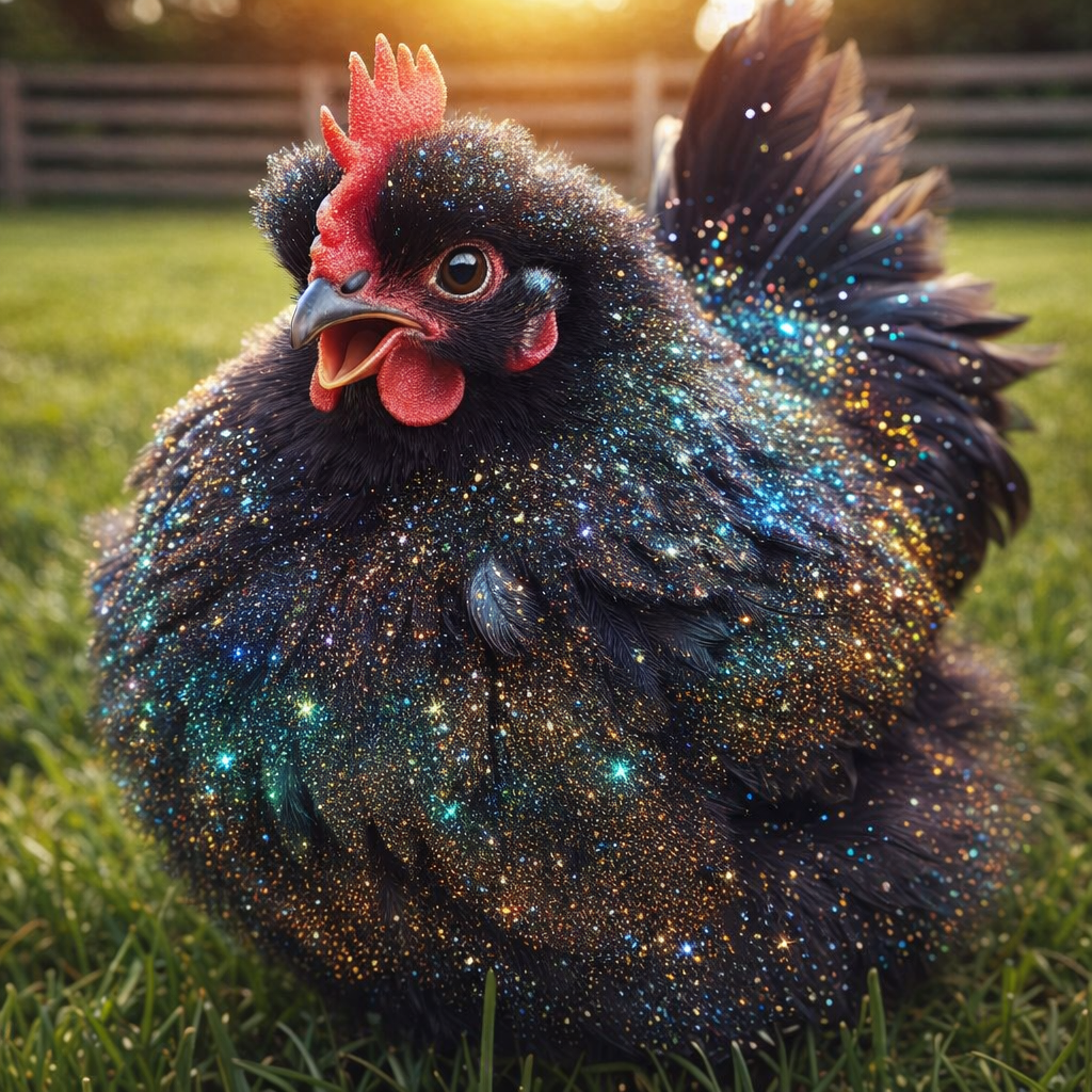 A chicken with black feathers is covered in star-like sparkles, standing on grass with a blurry sunset background.