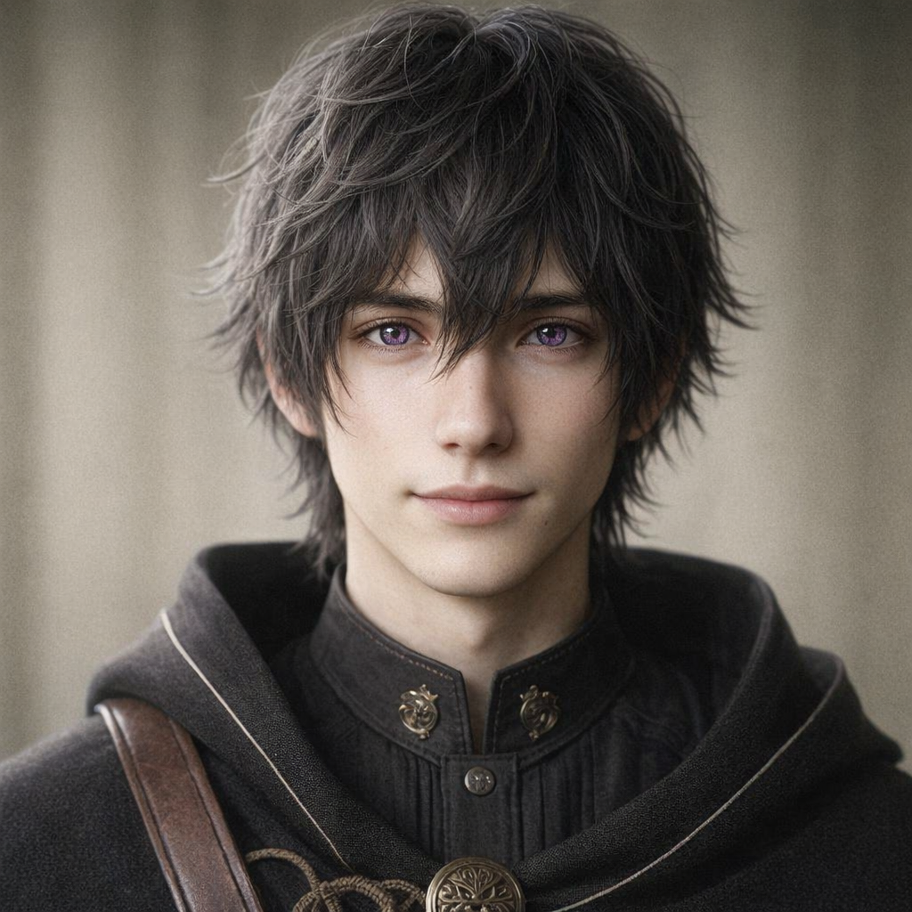 Portrait of a young man with tousled dark hair and purple eyes, wearing a black jacket with gold buttons and decorative elements, and a brown strap over his shoulder.