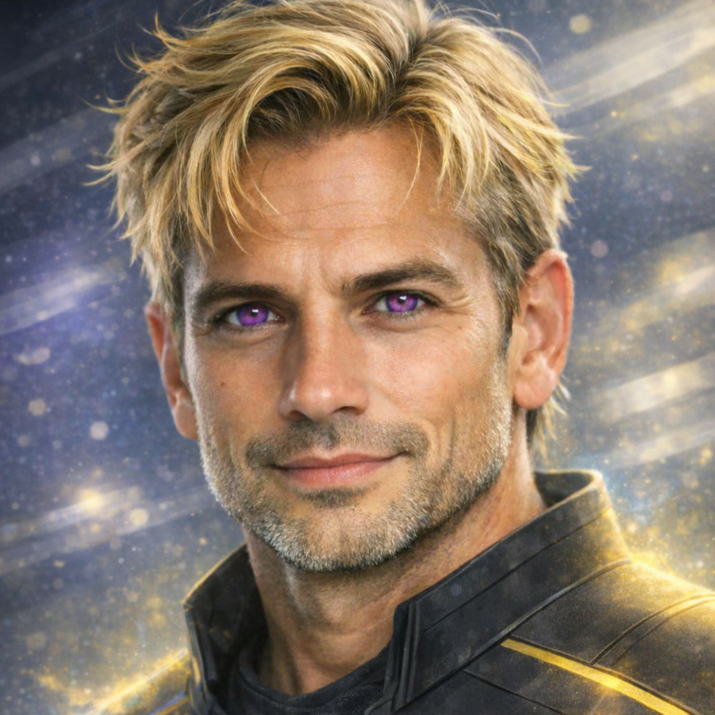 A man with blonde hair and purple eyes wearing a black jacket, with a cosmic background featuring stars and light streaks.