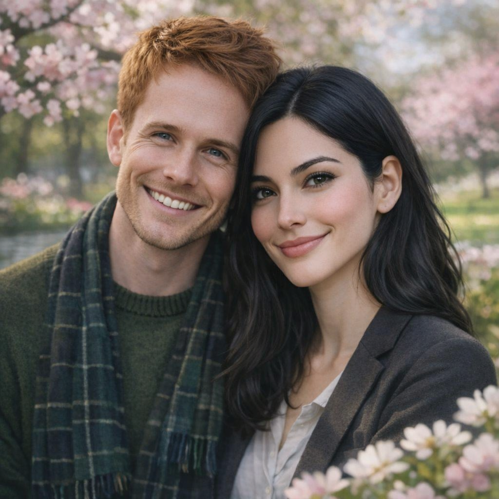 A smiling young man with red hair and a young woman with black hair, both looking happy, standing outdoors among blooming pink flowers and trees.