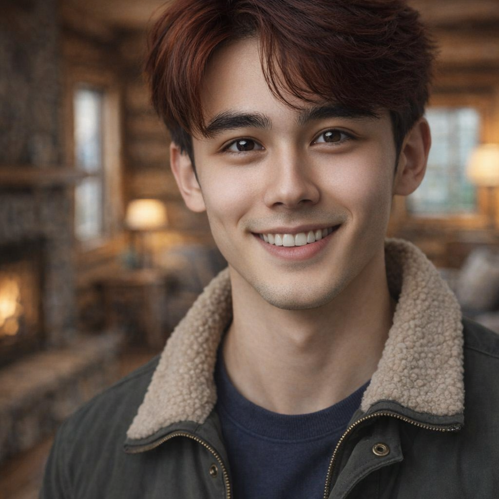Portrait of a young man with dark hair, smiling, in a cozy log cabin interior.