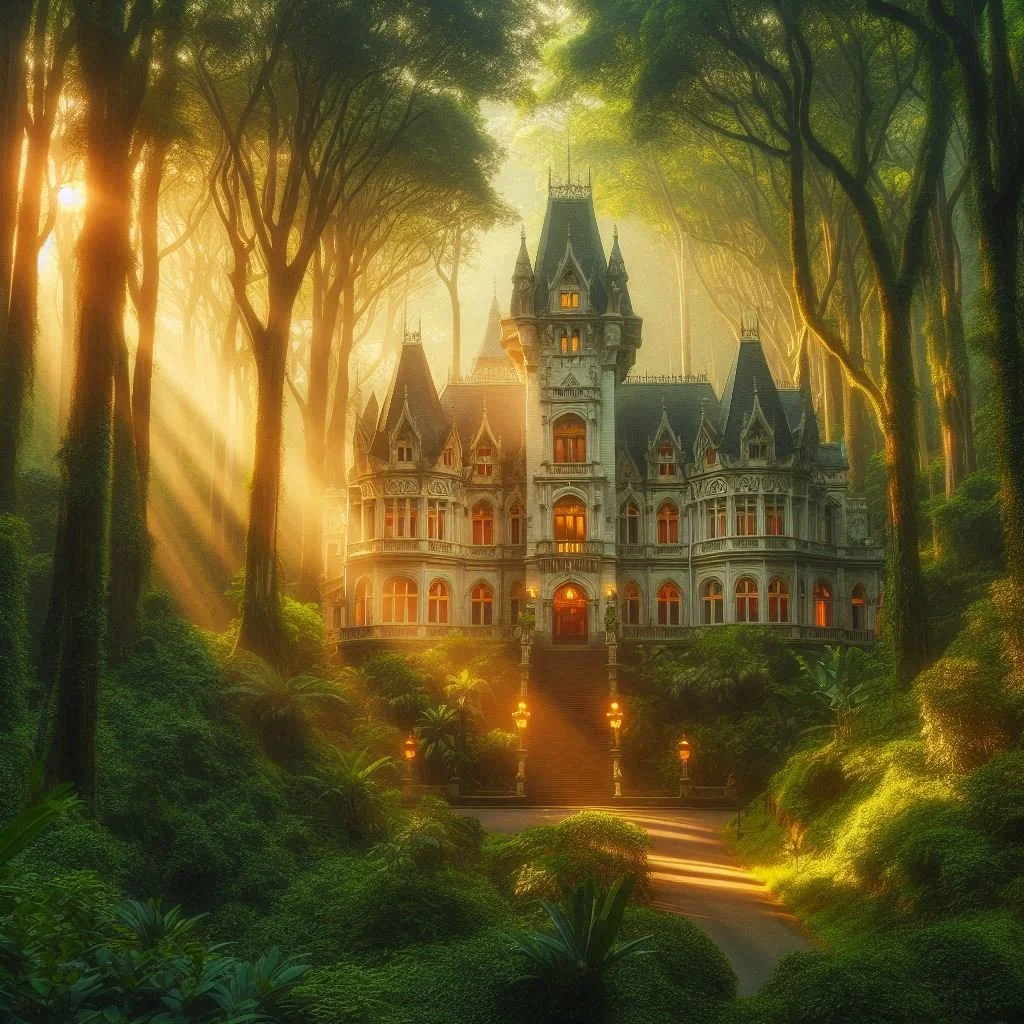 A castle in the woods during sunrise with sunlight filtering through tall trees, illuminating the castle and surrounding greenery.
