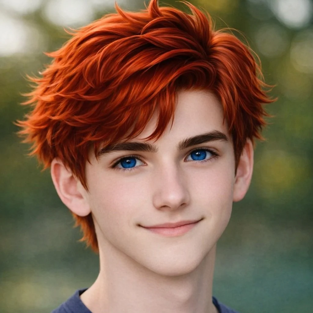 A young person with bright red, tousled hair and blue eyes smiling softly outdoors with blurred green background.