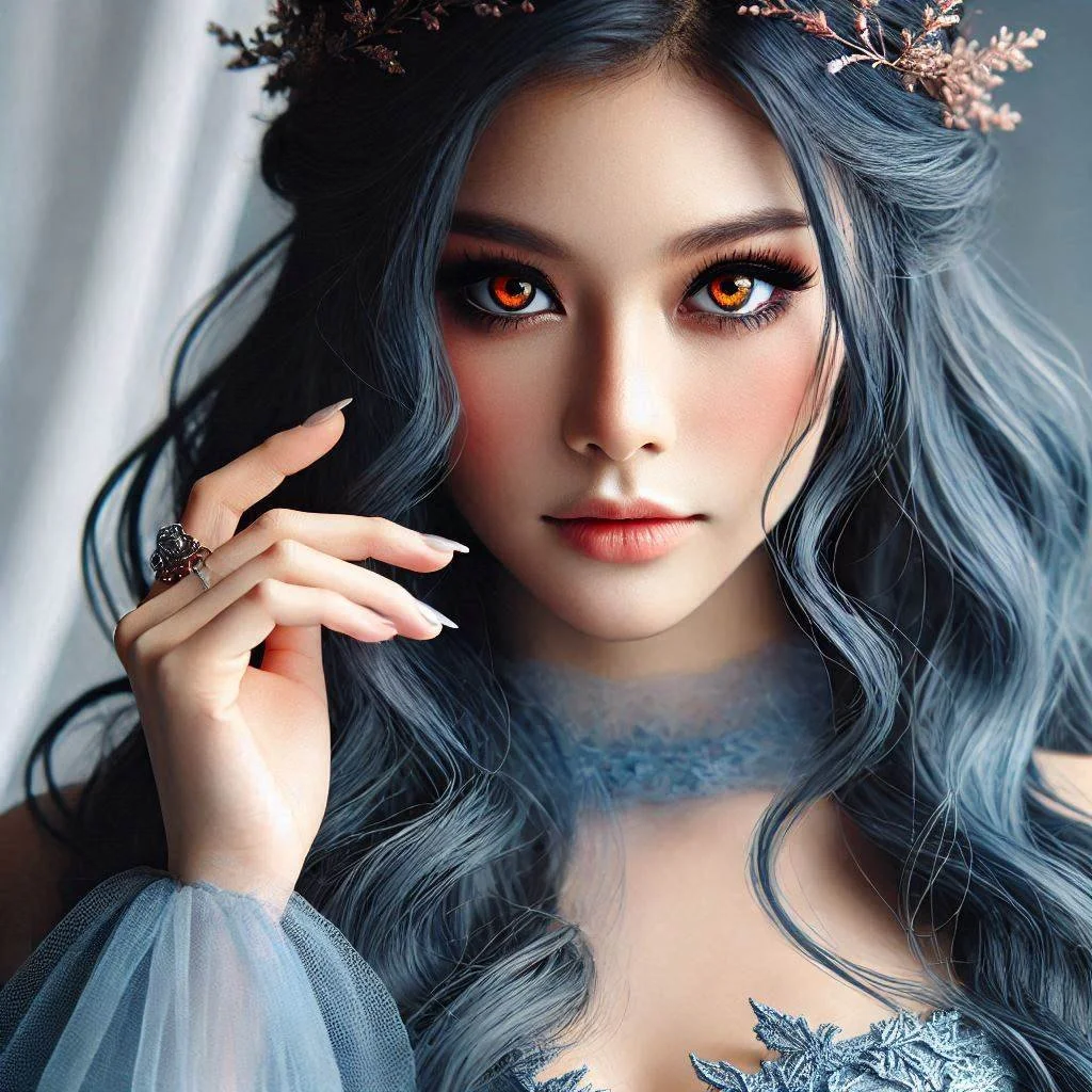 A young woman with blue and black wavy hair, wearing a floral headpiece and sheer blue outfit, holding her hand near her face, with glowing orange eyes.