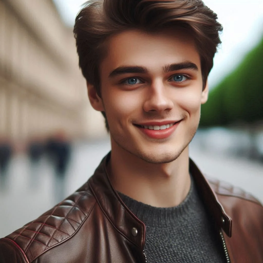 A young man with brown hair, blue eyes, and a bright smile, wearing a brown leather jacket and a dark sweater, standing outdoors on a city street.